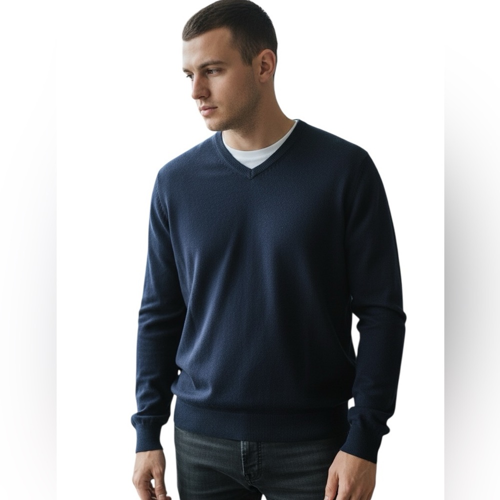 Allen Solly Men's Cashmere Navy Blue V-Neck Business Casual Sweater L